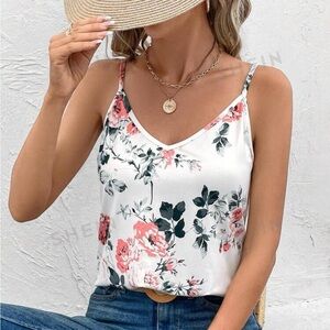 SHEIN Frenchy Women Green & White Floral Printed Lace Splice Backless Tank Top